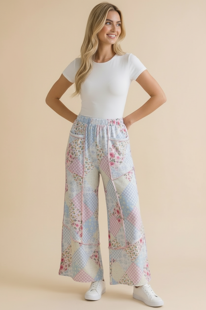 Floral Patchwork Reverse Stitch Wide Leg Pants