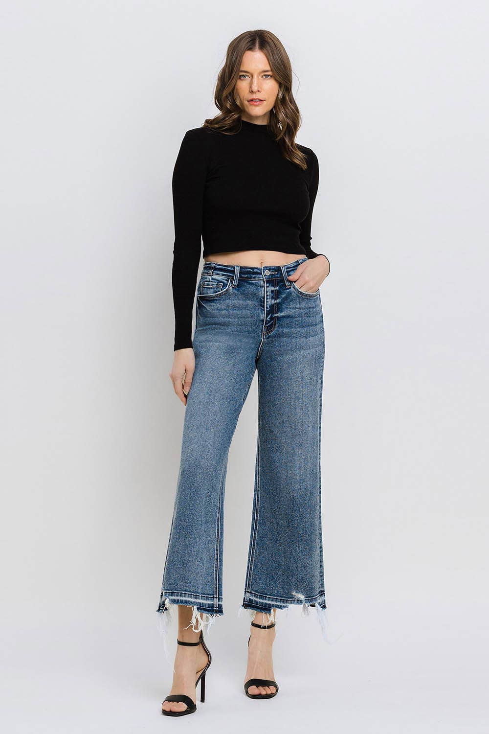 SUPER HIGH RISE UNEVEN RAW HEM CROP WIDE JEANS F5426