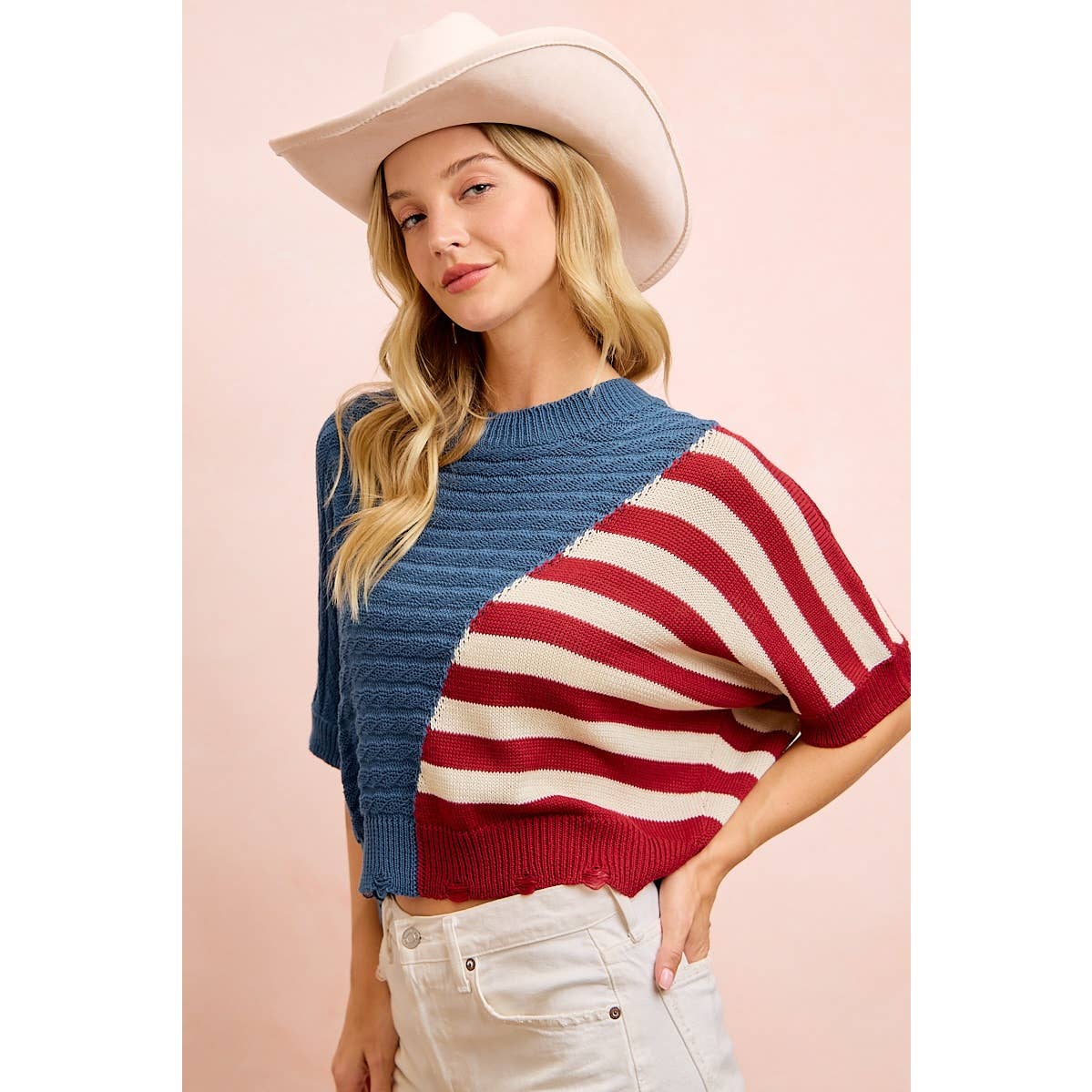 4TH OF JULY DIAGONAL STRIPE BLOCK TEXTURED KNIT TOP
