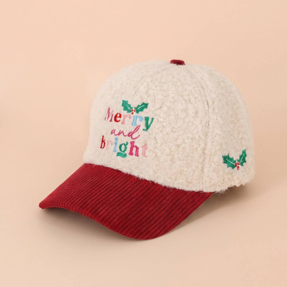 MERRY and BRIGHT Embroidered Fuzzy Corduroy Baseball Cap