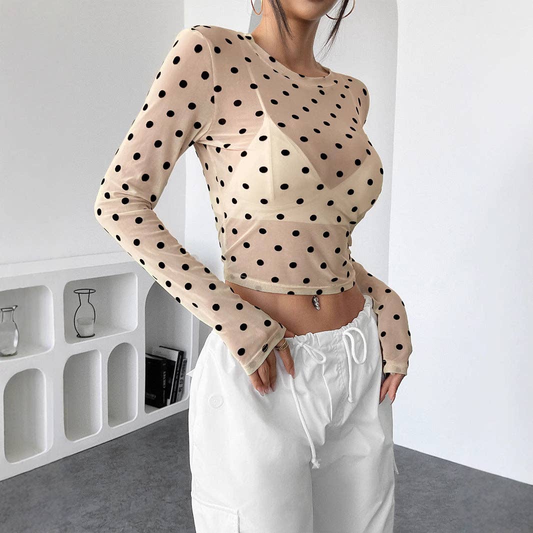 Sheer Dot Print Fitted Mesh Round Neck Long Sleeve T Shirt