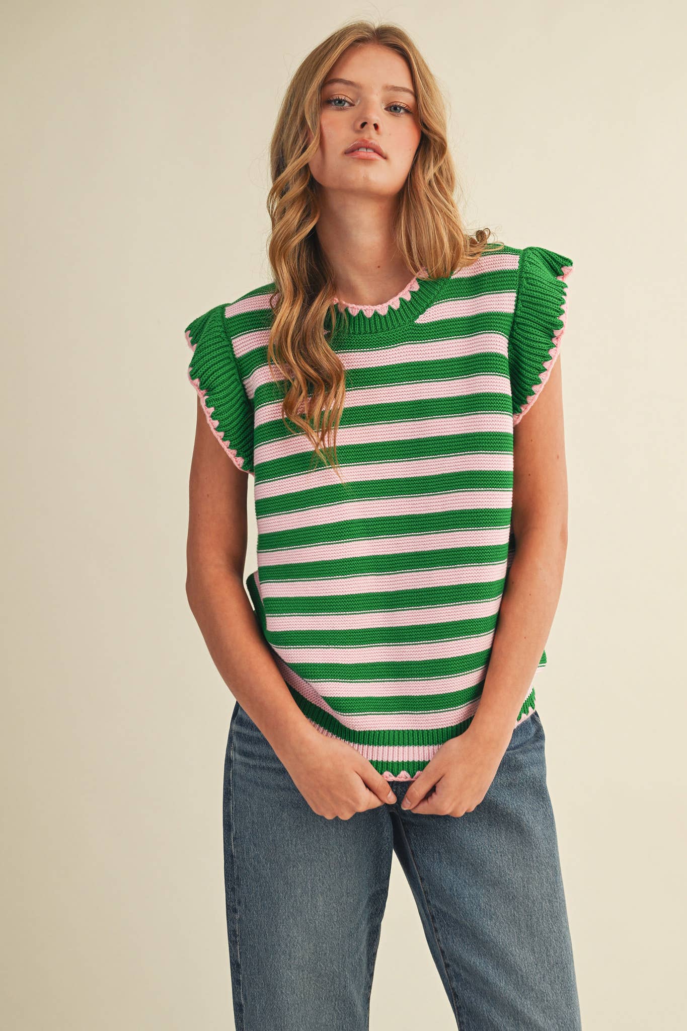 STRIPED FLUTTER SLEEVE SWEATER TOP
