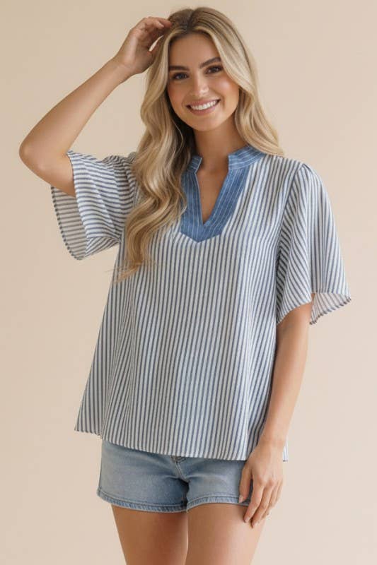 Plus Stitched Neck Band Flutter Sleeve Stripe Top