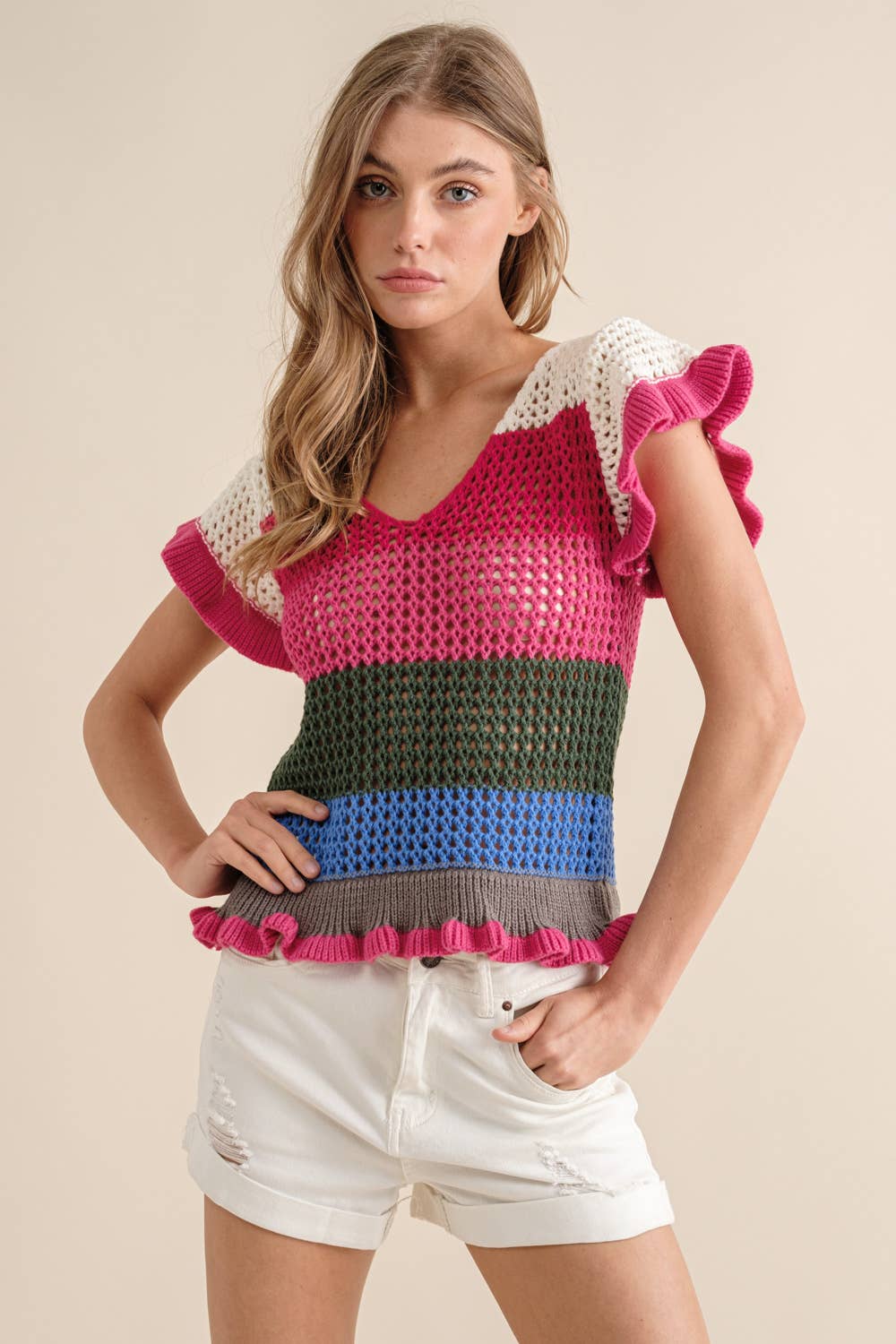 Crochet Knitted Multi Stripe Ruffle SLV Sweater Top