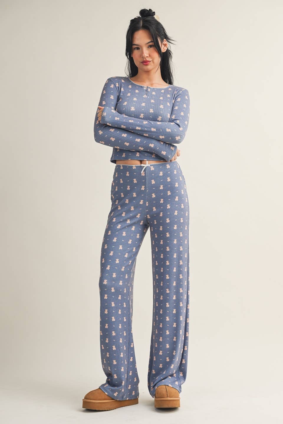 Crewneck Teddy Bear Print Pointelle Lounge Set