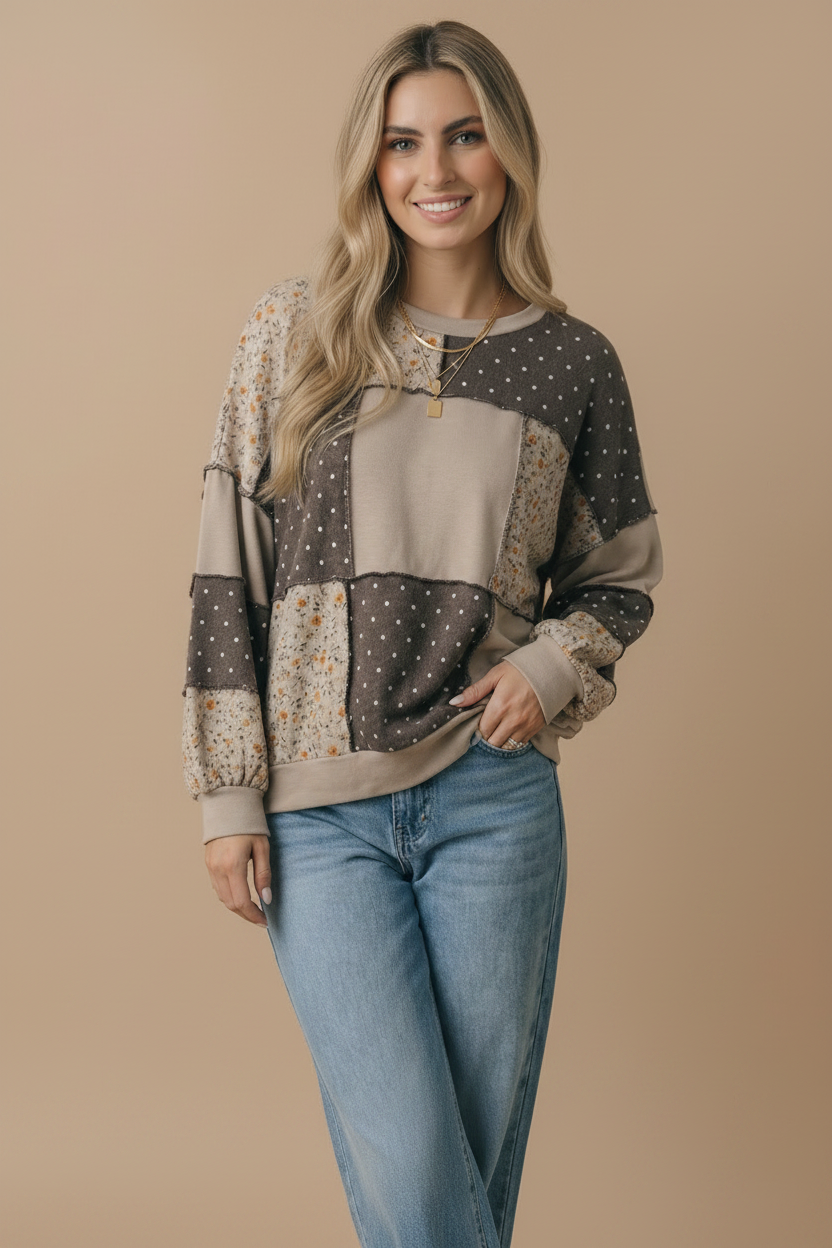 Round Neck Mixed Print Patchwork Pullover
