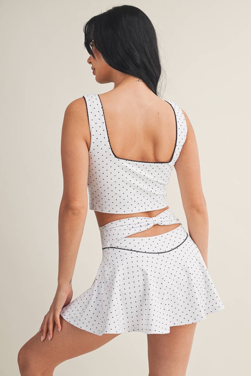 Polka Dot Print Crop Tank with Lace Trim