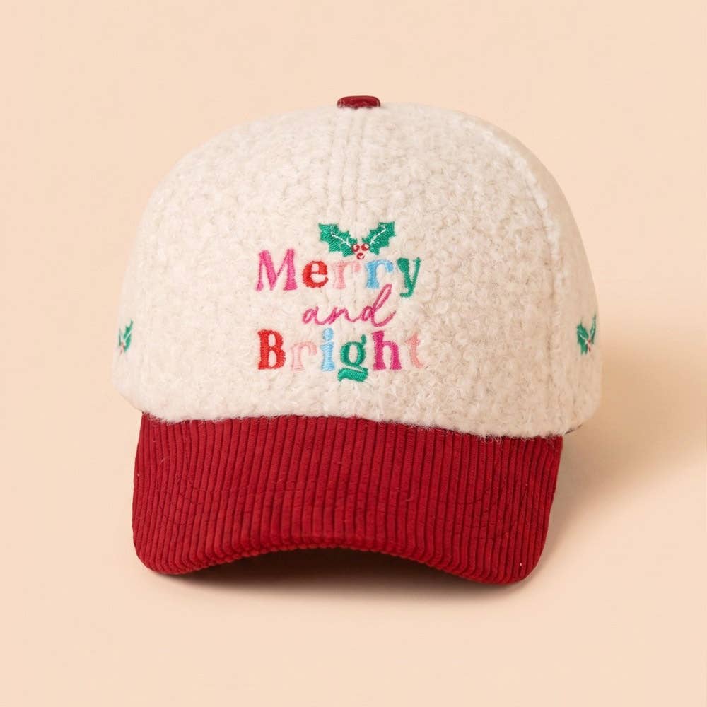 MERRY and BRIGHT Embroidered Fuzzy Corduroy Baseball Cap