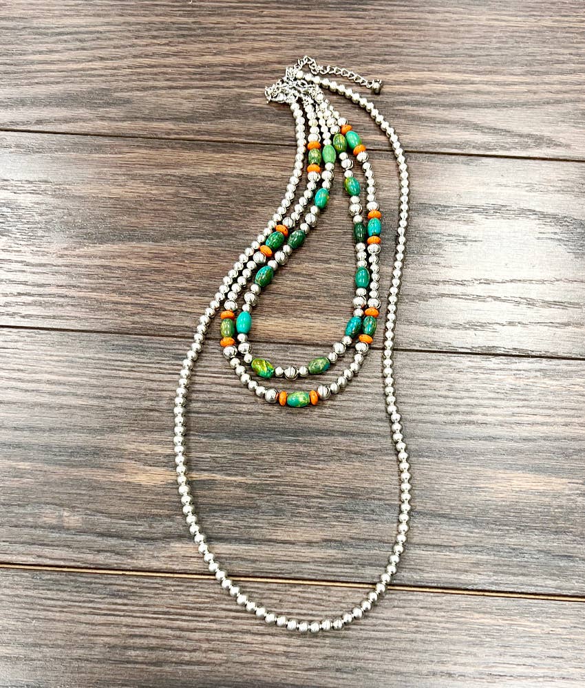 738563, Handmade Turquoise, Silver Navajo Bead Necklace