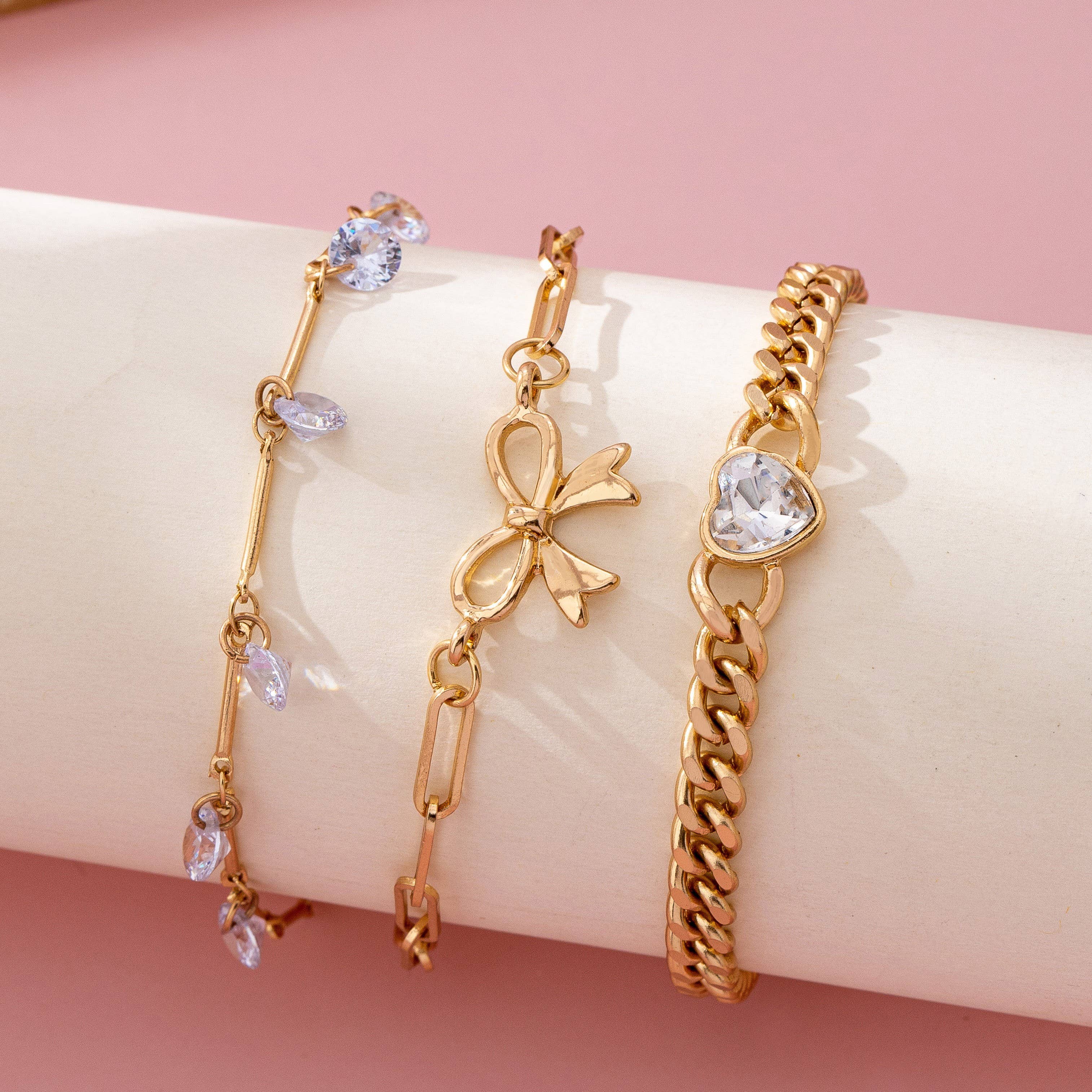 Bow & Crystal Heart Charm Layered Bracelet Set