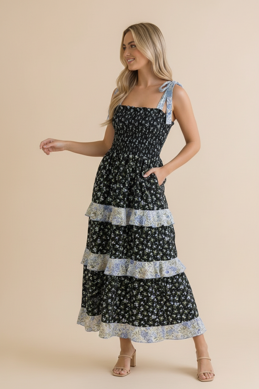 Floral Smocking Tube Top Maxi Dress
