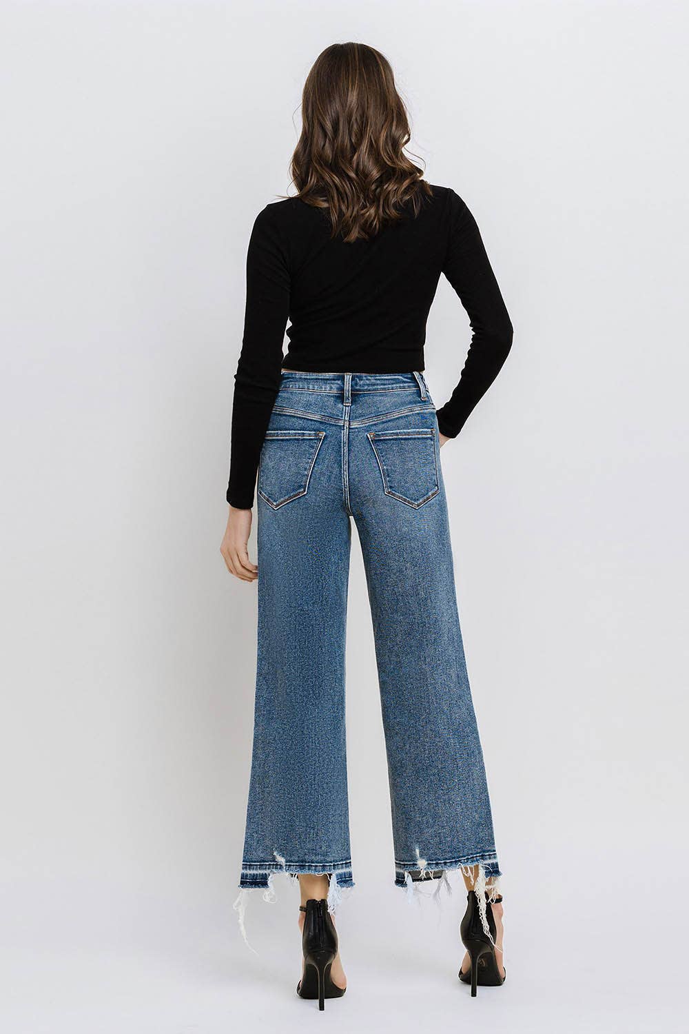 SUPER HIGH RISE UNEVEN RAW HEM CROP WIDE JEANS F5426