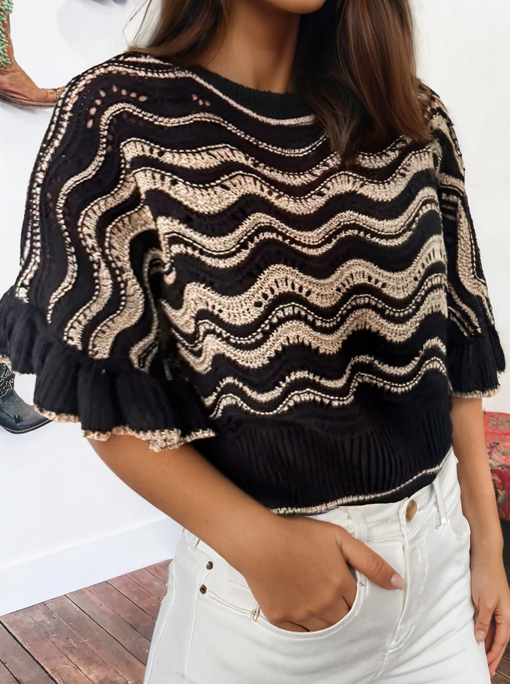 Stripe Wavy Crochet Eyelet Detail Ruffle Half Sleeve Sweater