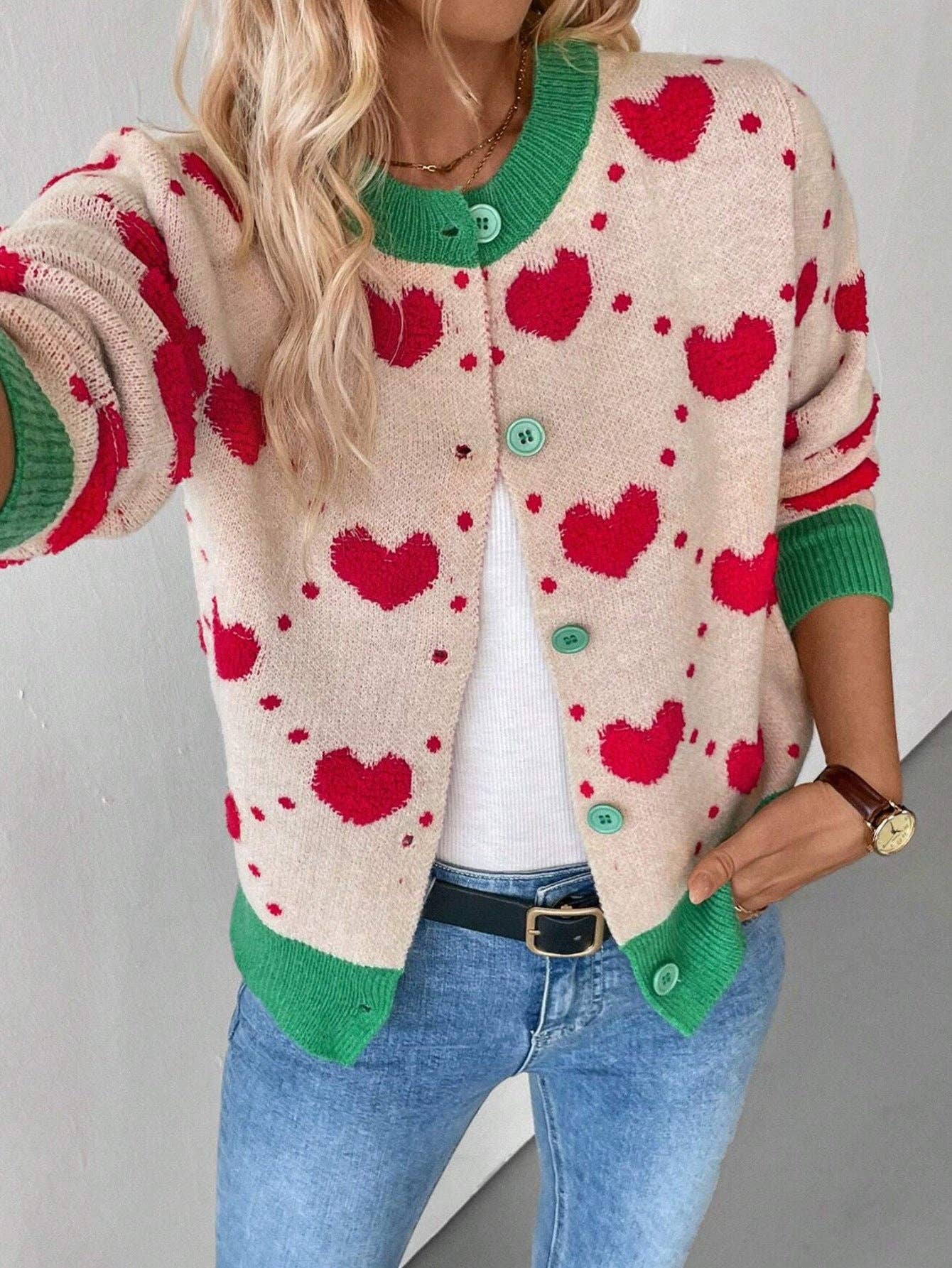 Valentine Day Heart Crochet Color Block Cardigan