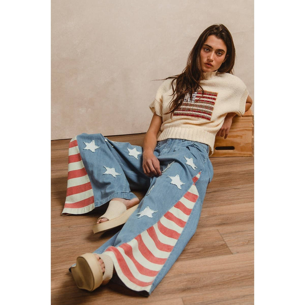 VINTAGE WASHED AMERICAN FLAG STAR CHAMBRAY PANTS