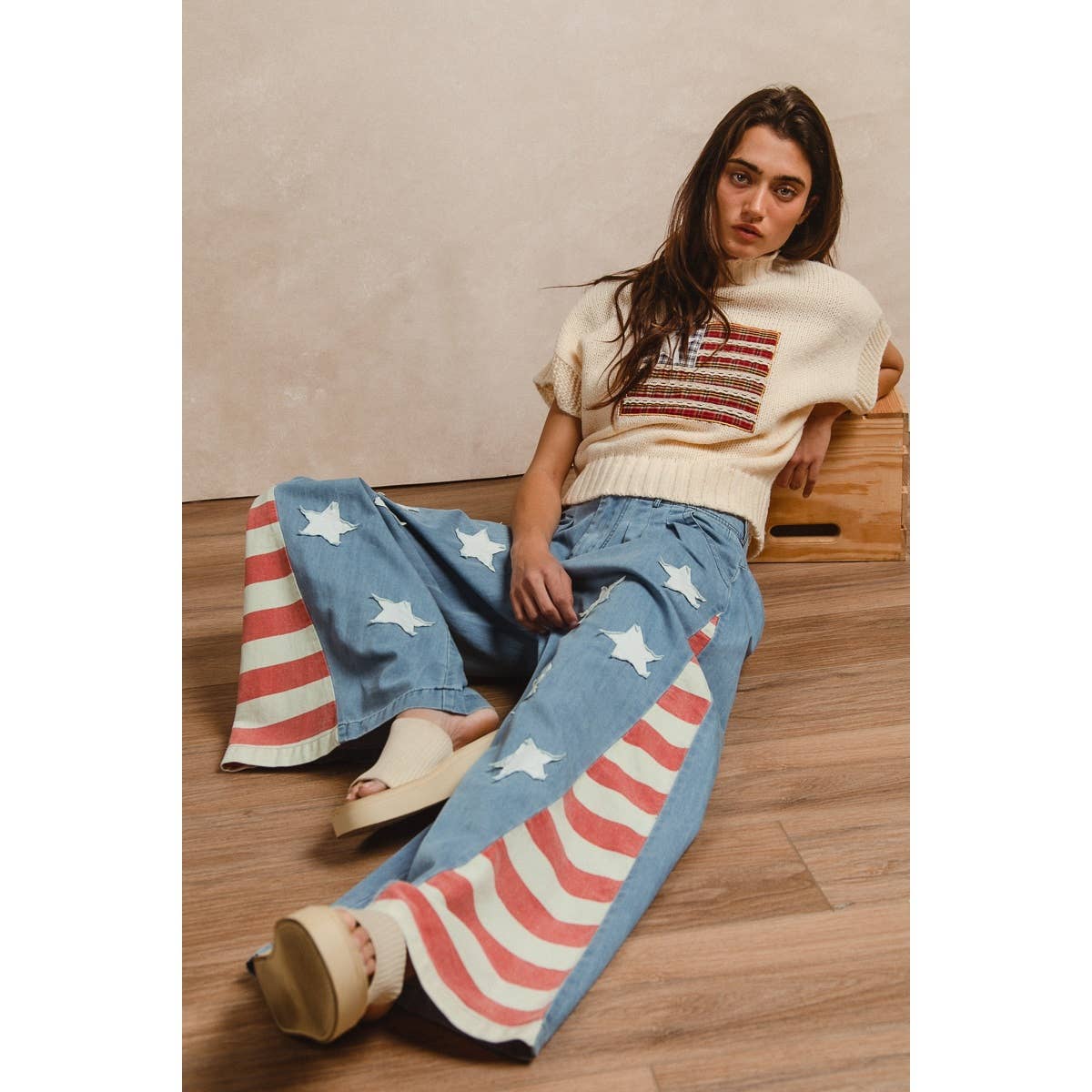 VINTAGE WASHED AMERICAN FLAG STAR CHAMBRAY PANTS