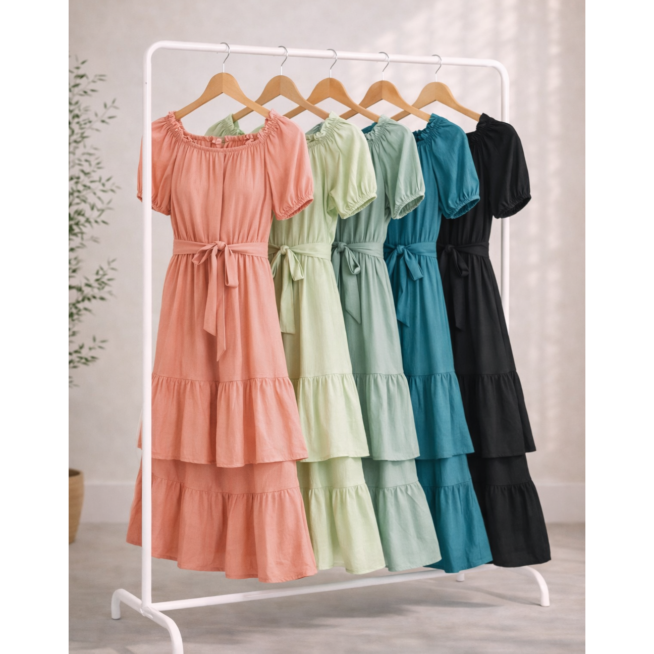 LINEN DOUBLE TIER PUFF SLEEV DRESS