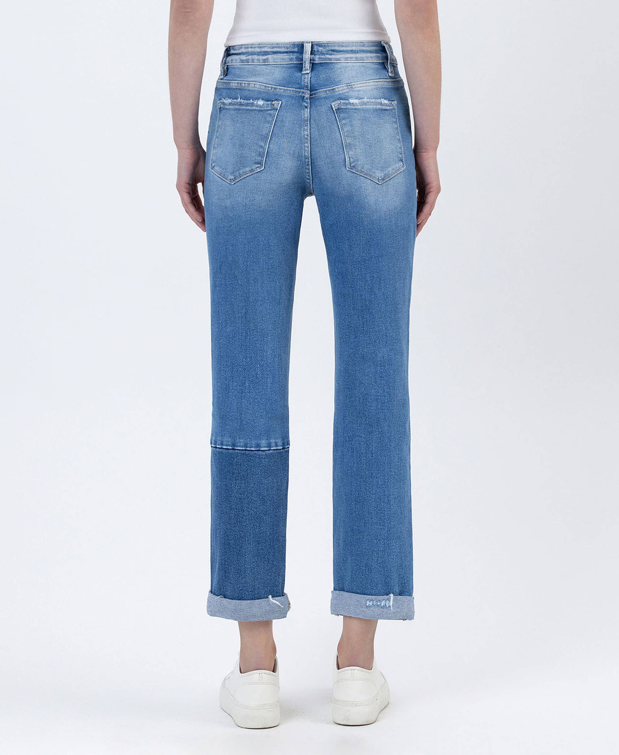 HIGH RISE COLOR BLOCK CUFFED BOYFRIEND JEANS - FLYING MONKEY