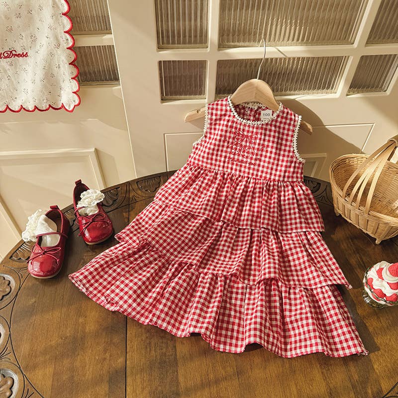 Girls Red Gingham Tiered Ruffle Summer Dress