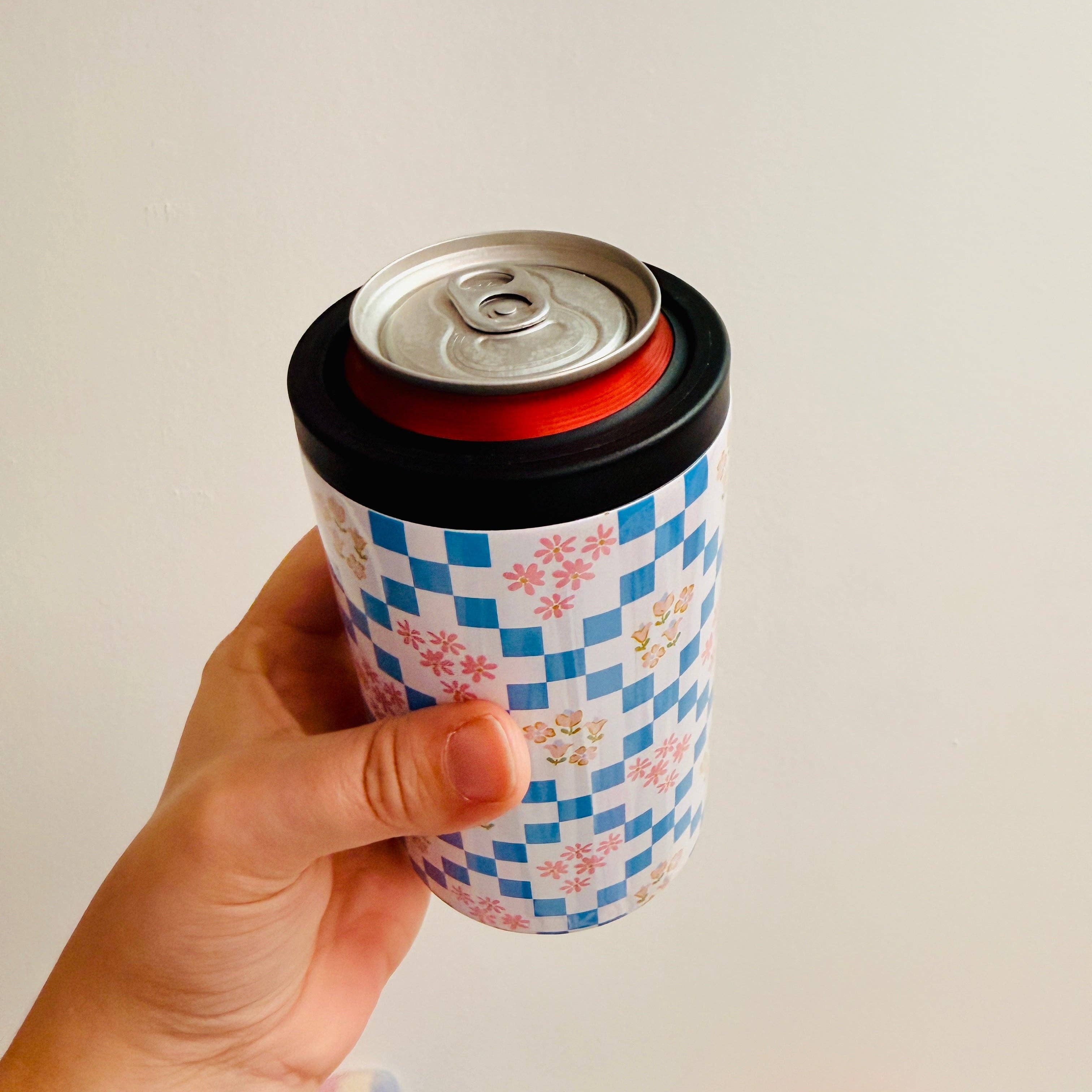 12 oz Can Cooler, Blue Floral Squares Pattern