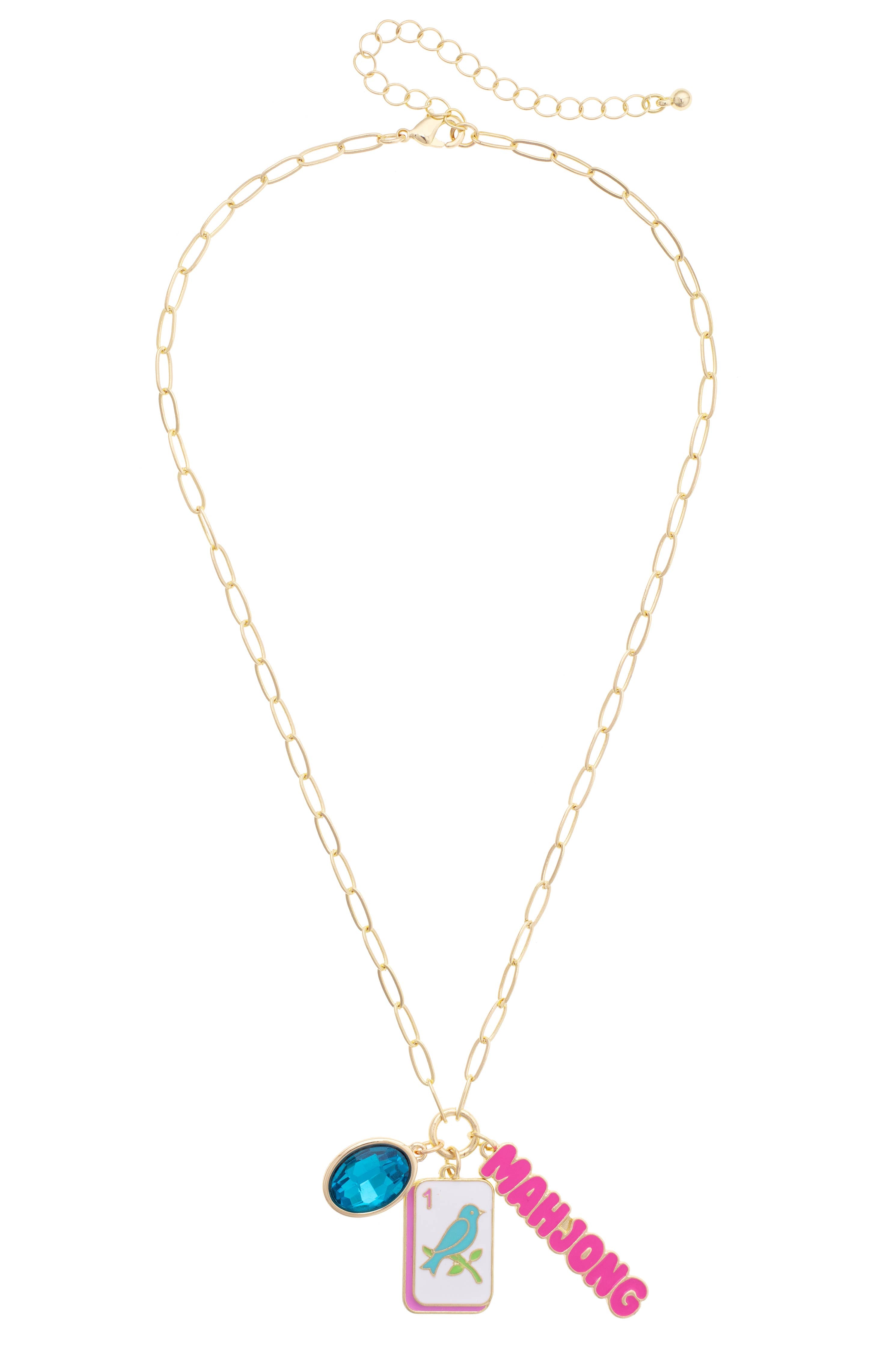 Bird Bam Charm Necklace in Aqua, Light Pink, & Shiny Gold