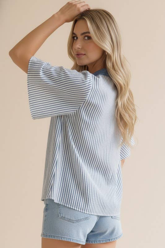 Plus Stitched Neck Band Flutter Sleeve Stripe Top