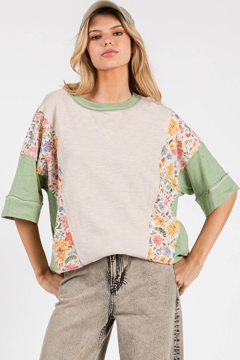 WASHED FLORAL PATCHWORK OVERSIZED CONTRAST TEE