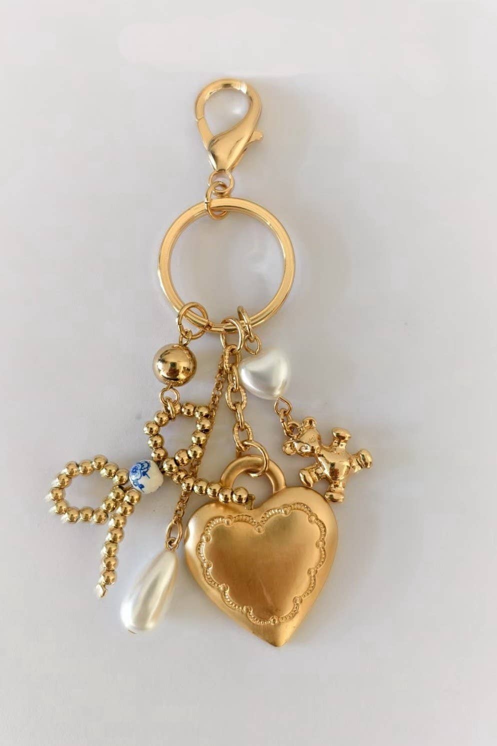 PORCELAIN BOW HEART TEDDY BEAR PEARL BAG CHARM