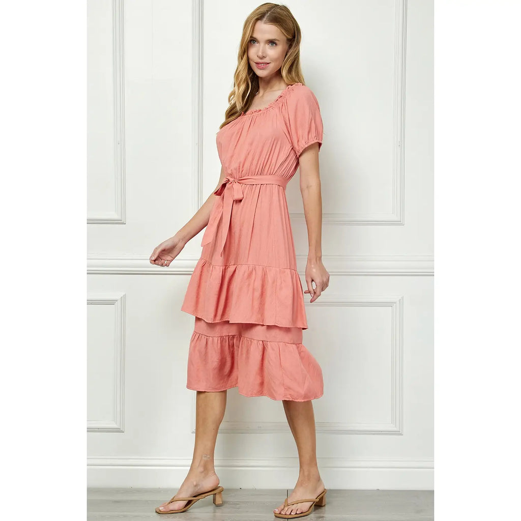 LINEN DOUBLE TIER PUFF SLEEV DRESS