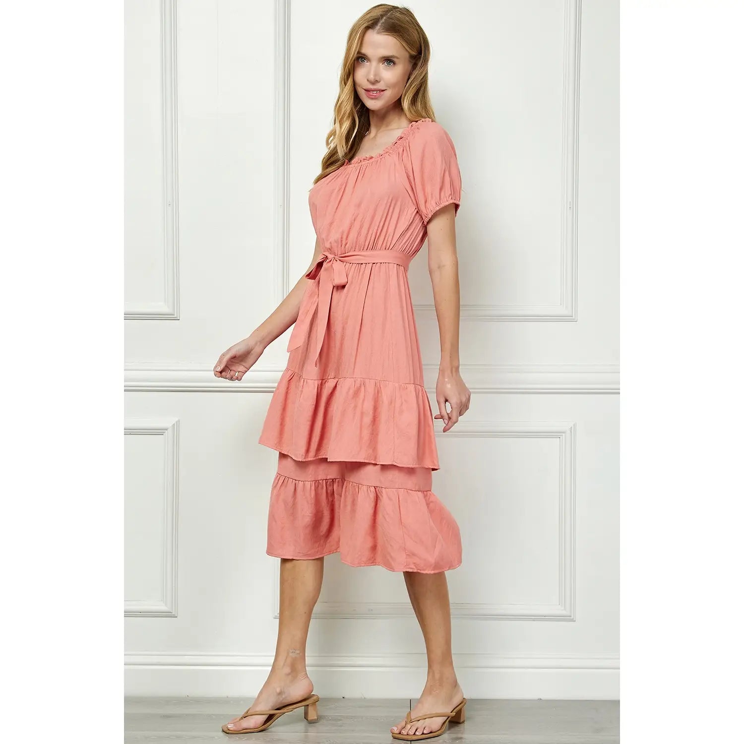 LINEN DOUBLE TIER PUFF SLEEV DRESS