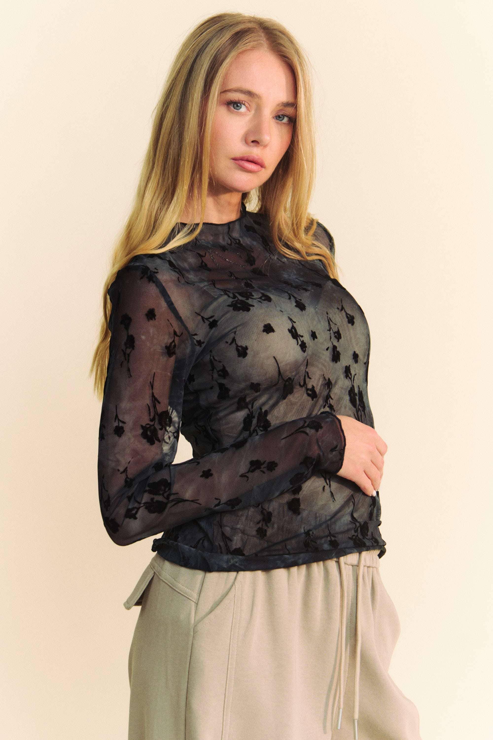FLORAL MESH LONG SLEEVE SHEER LAYERING TOP