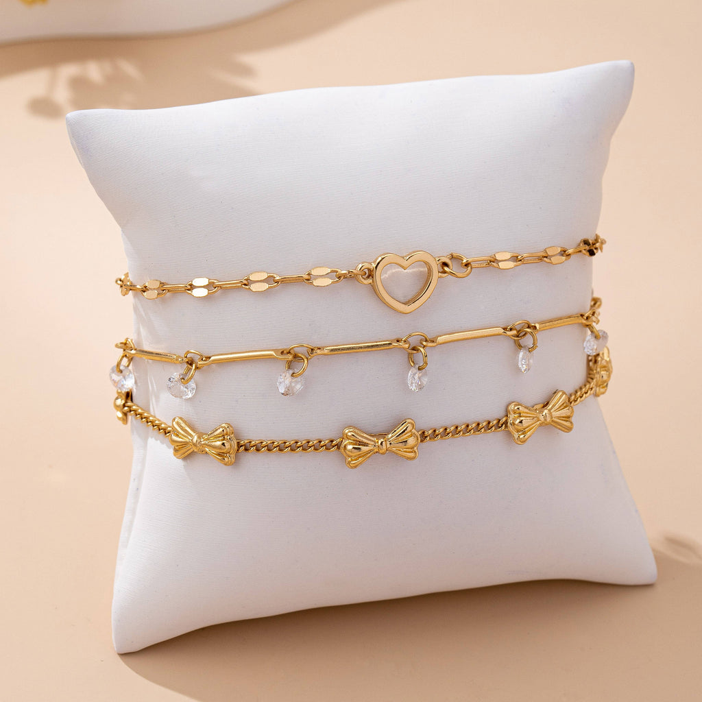 Crystal Drop Heart Bow Charm Multilayer Bracelet