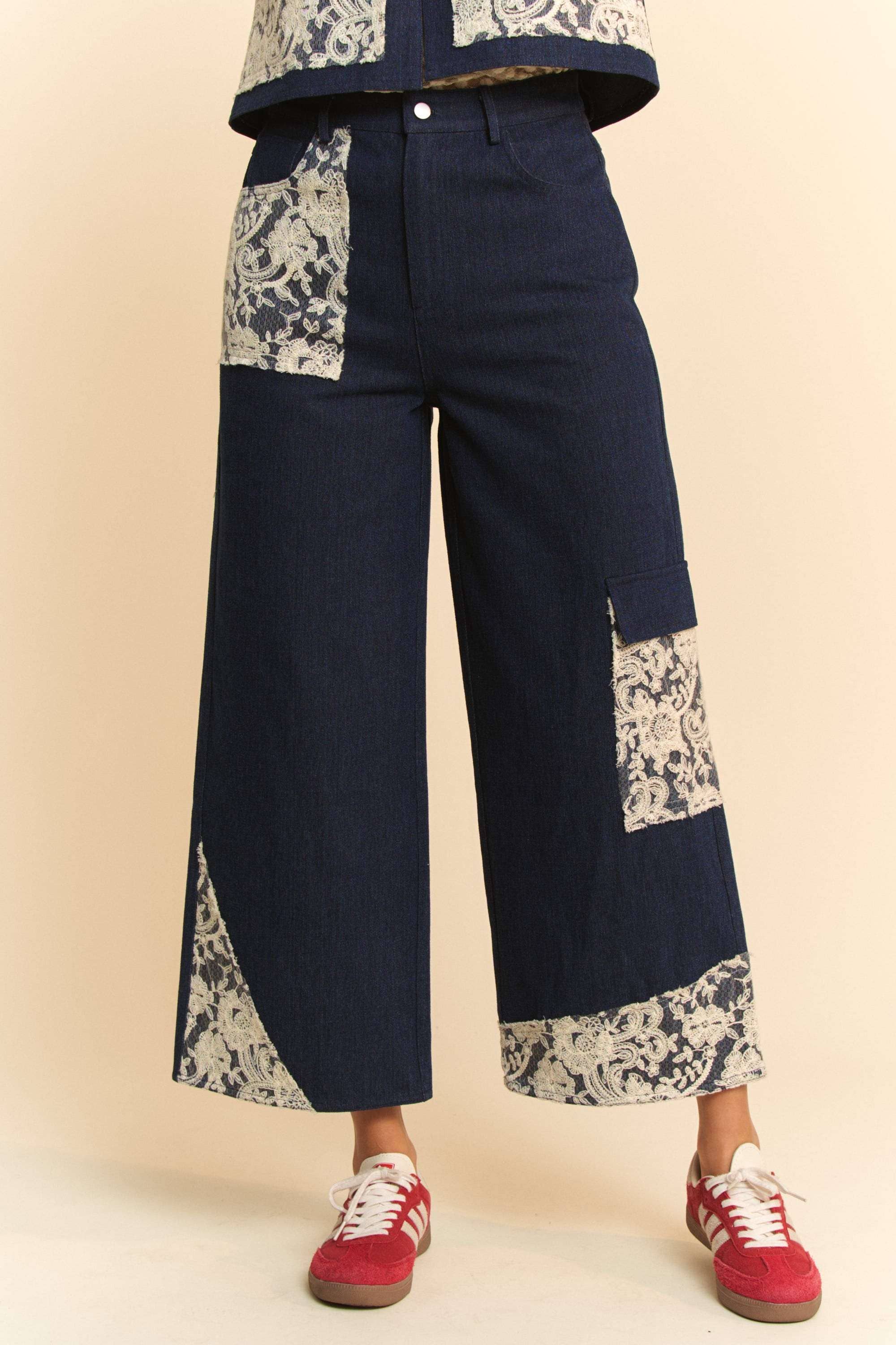 WIDE LEG DENIM PANTS WITH LACE APPLIQUE DETAILS
