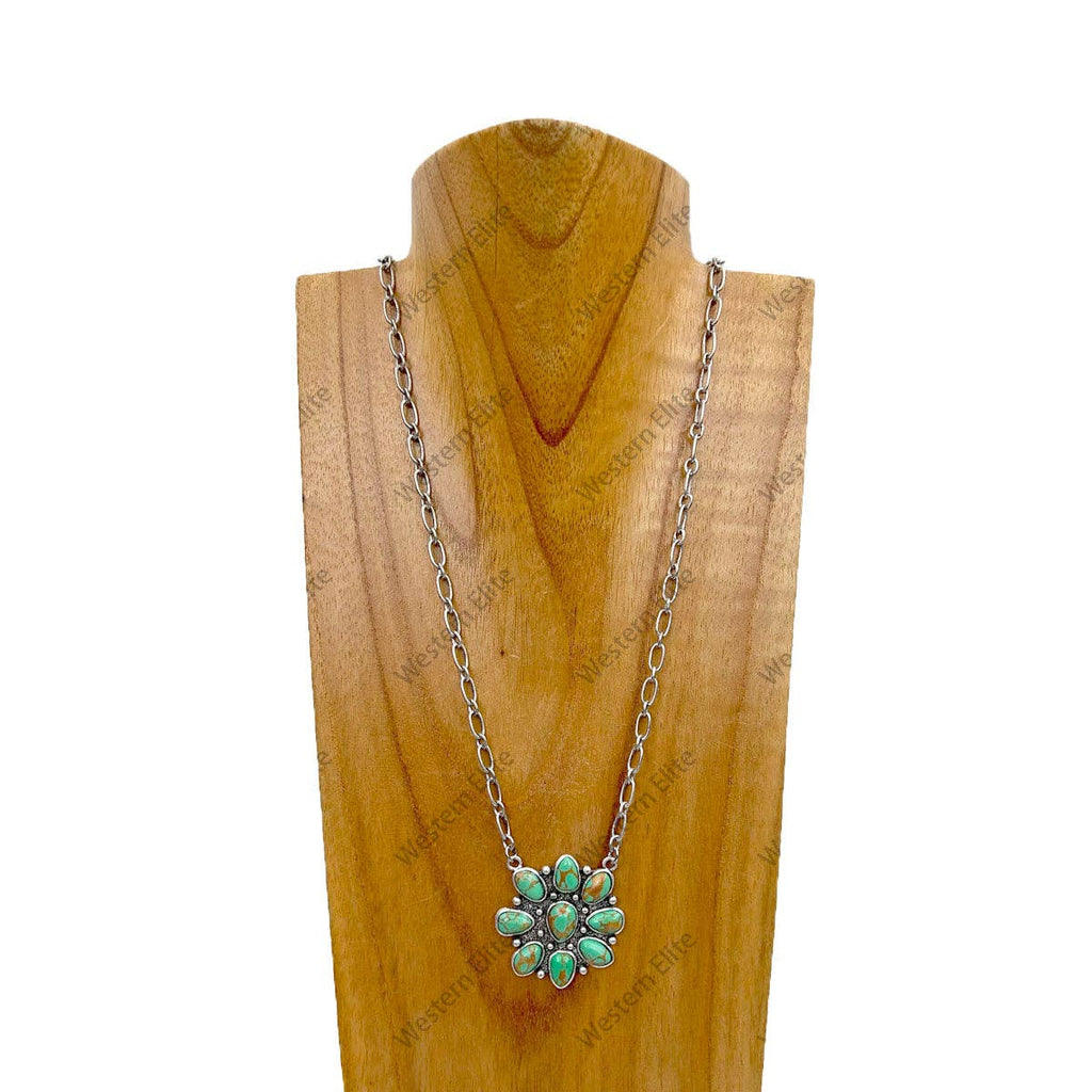 21 inches silver metal chain with green turquoise stone flower concho pendent Necklace