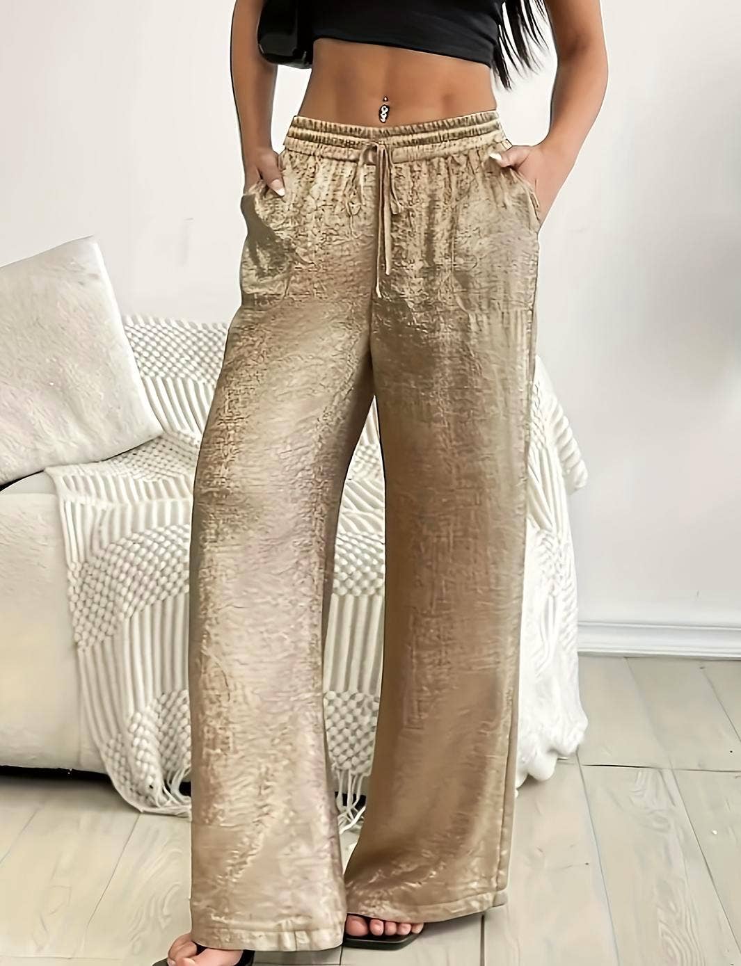 Elastic-waist stamping bronzing wide-leg pants