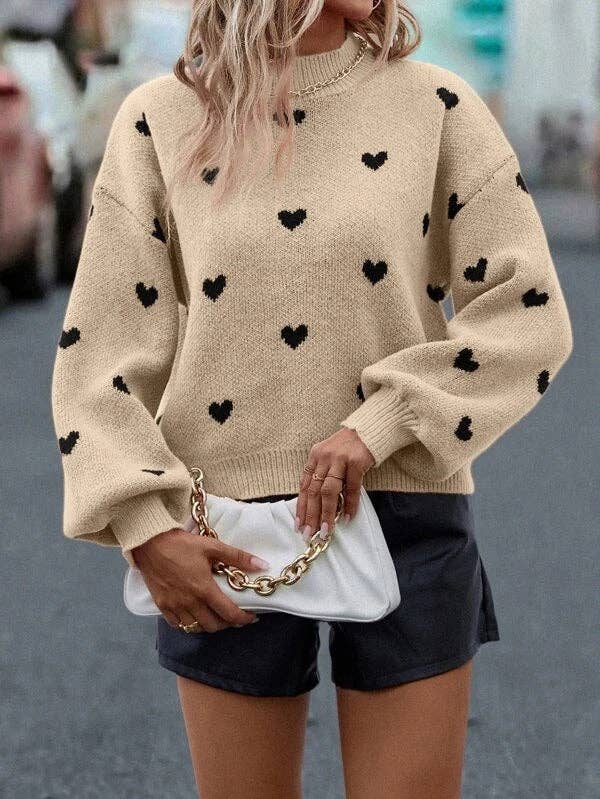 Valentine Heart Print Loose Knit Pullover Sweater
