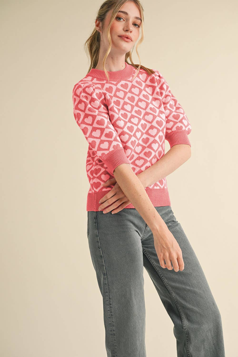 CHECKERED HEART PATTERN SWEATER