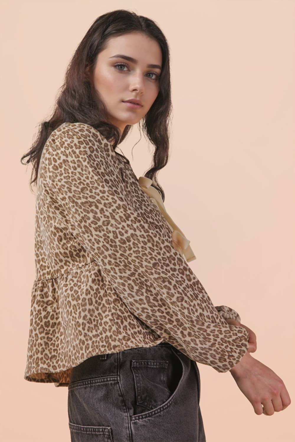 -Leopard Printed Front Tie Woven Blouse Top