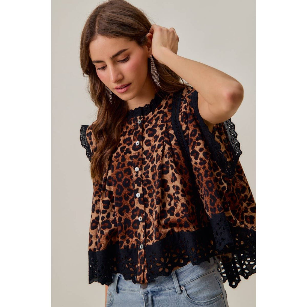 Leopard Button Up Pleated Sleeveless Blouse Top