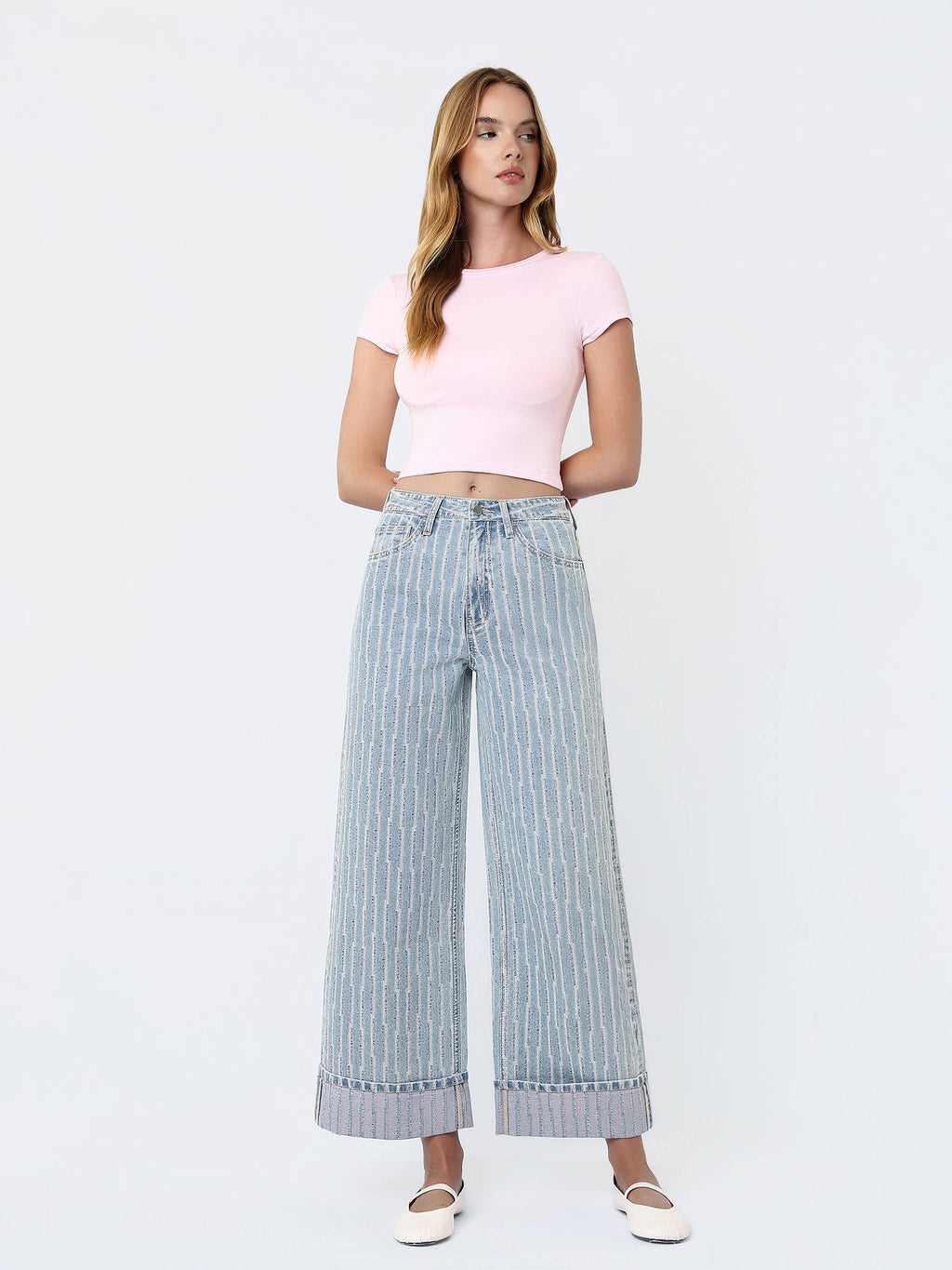 SUPER HIGH RISE CUFFED STRIPED WIDE LEG JEANS