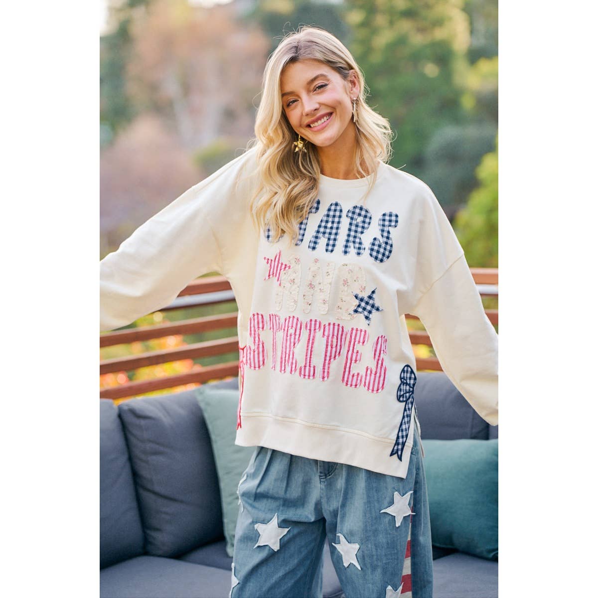 4TH OF JULY STARS AND STRIPES PATCHES SWEATSHIRT