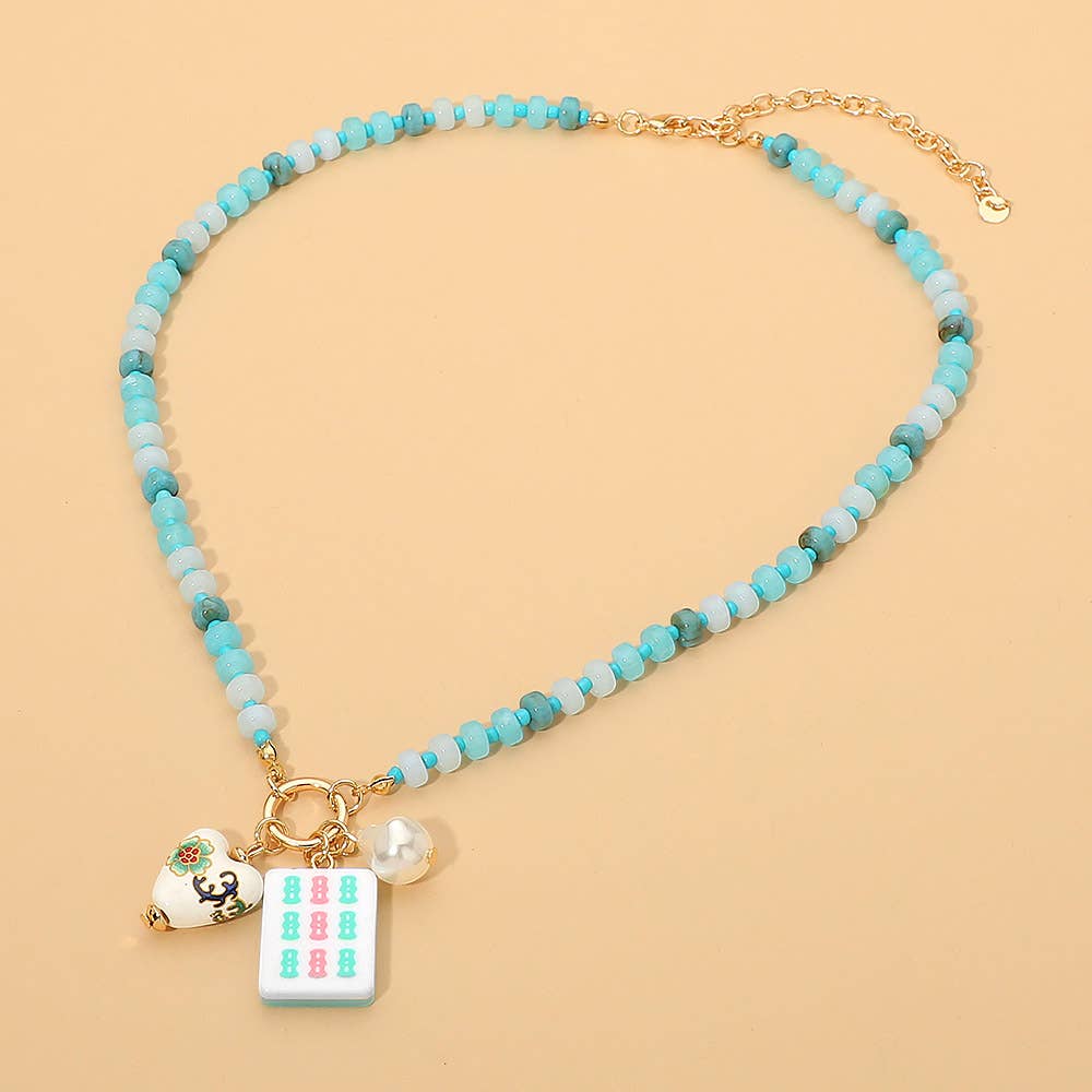 Mahjong Tile Charm Pearl Floral Bead Ball Charm Pendant Beaded Necklace