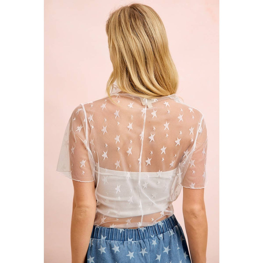 HIGH NECK LINE SHORT SLEEVES STAR MESH TOP