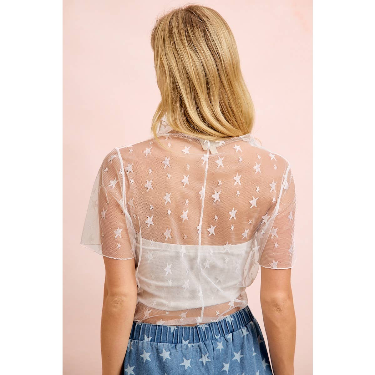HIGH NECK LINE SHORT SLEEVES STAR MESH TOP