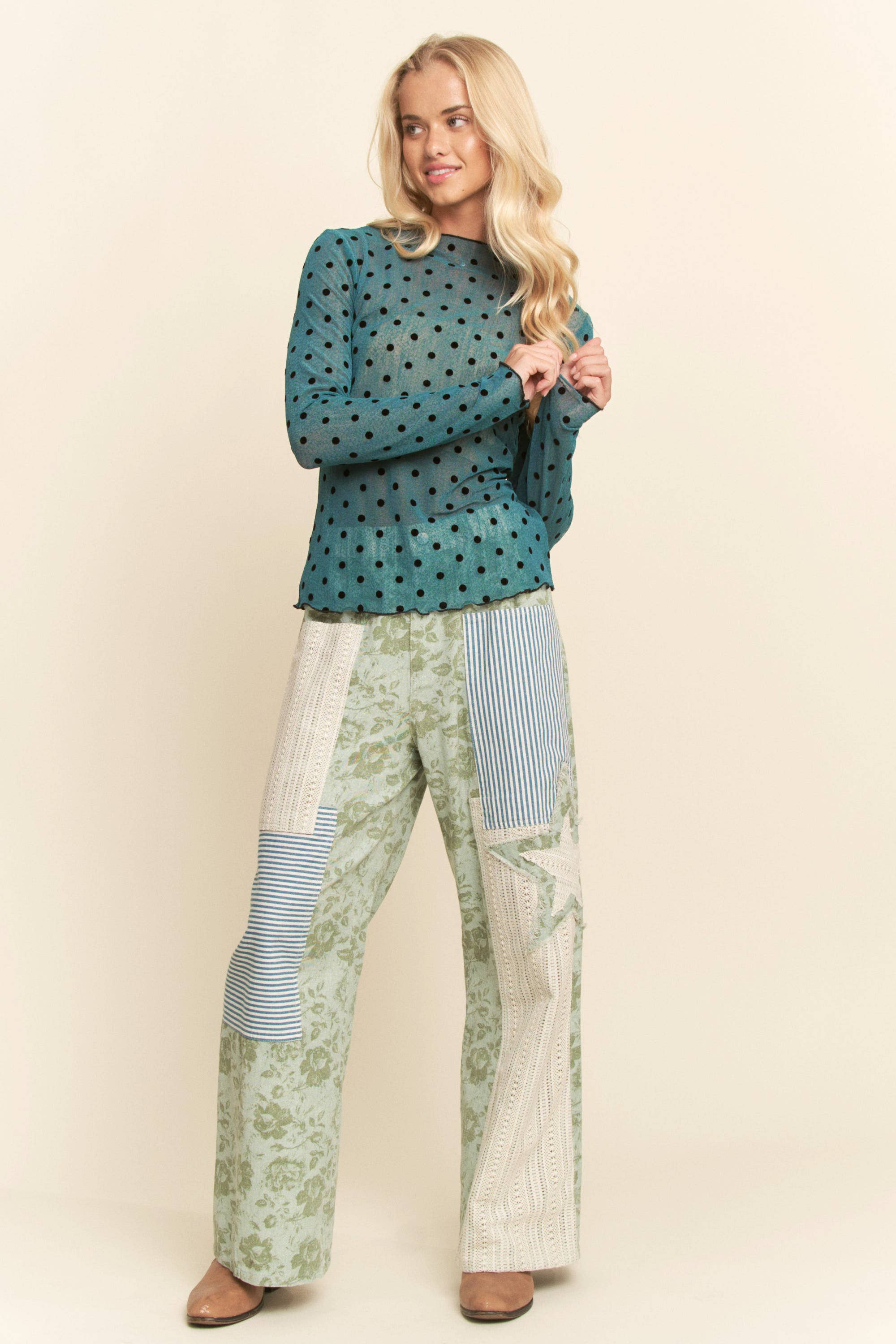 Polka Sheer long-sleeve mesh top