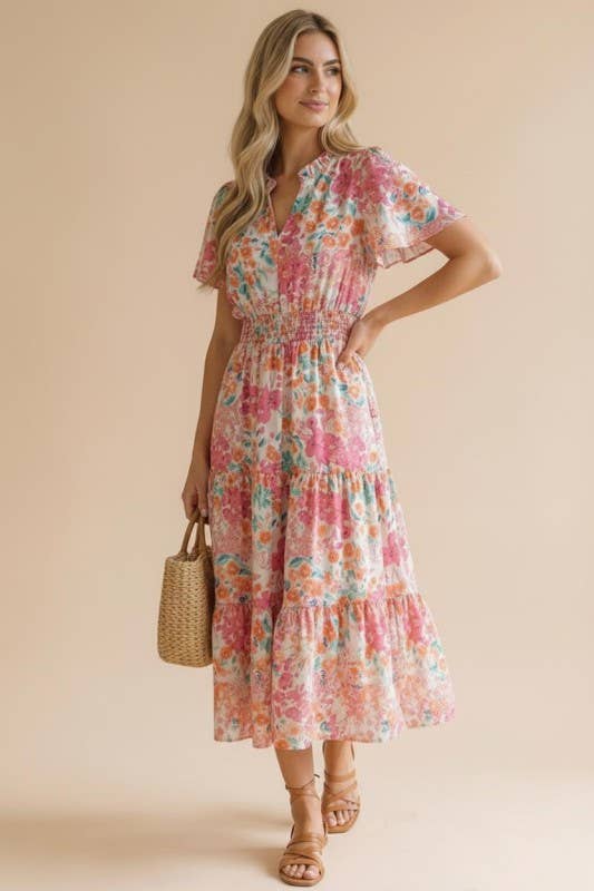 Notch Neck Smocked Waist Maxi Floral Dress