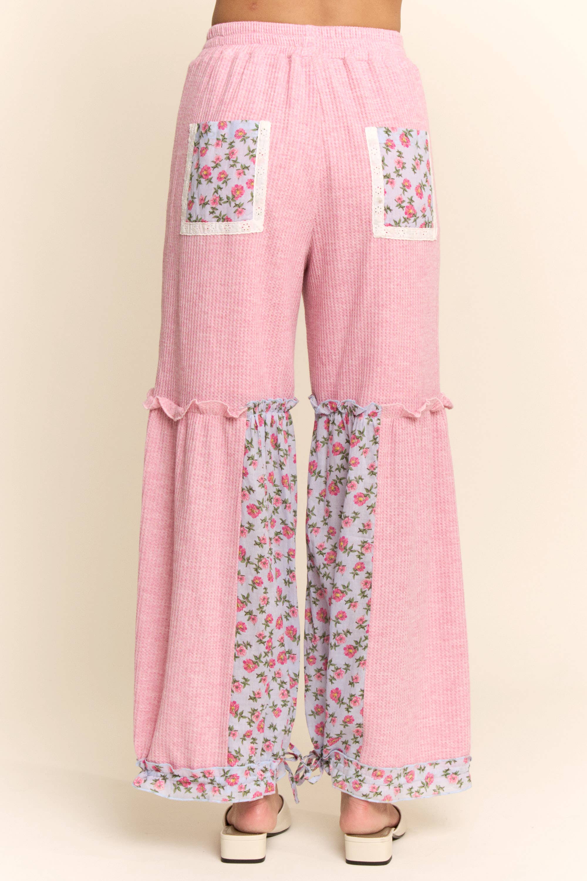 WAFFLE KNIT FLOWER PRINT LACE ELASTIC WAIST PANT