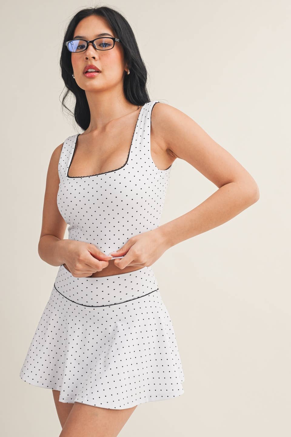 Polka Dot Print Crop Tank with Lace Trim