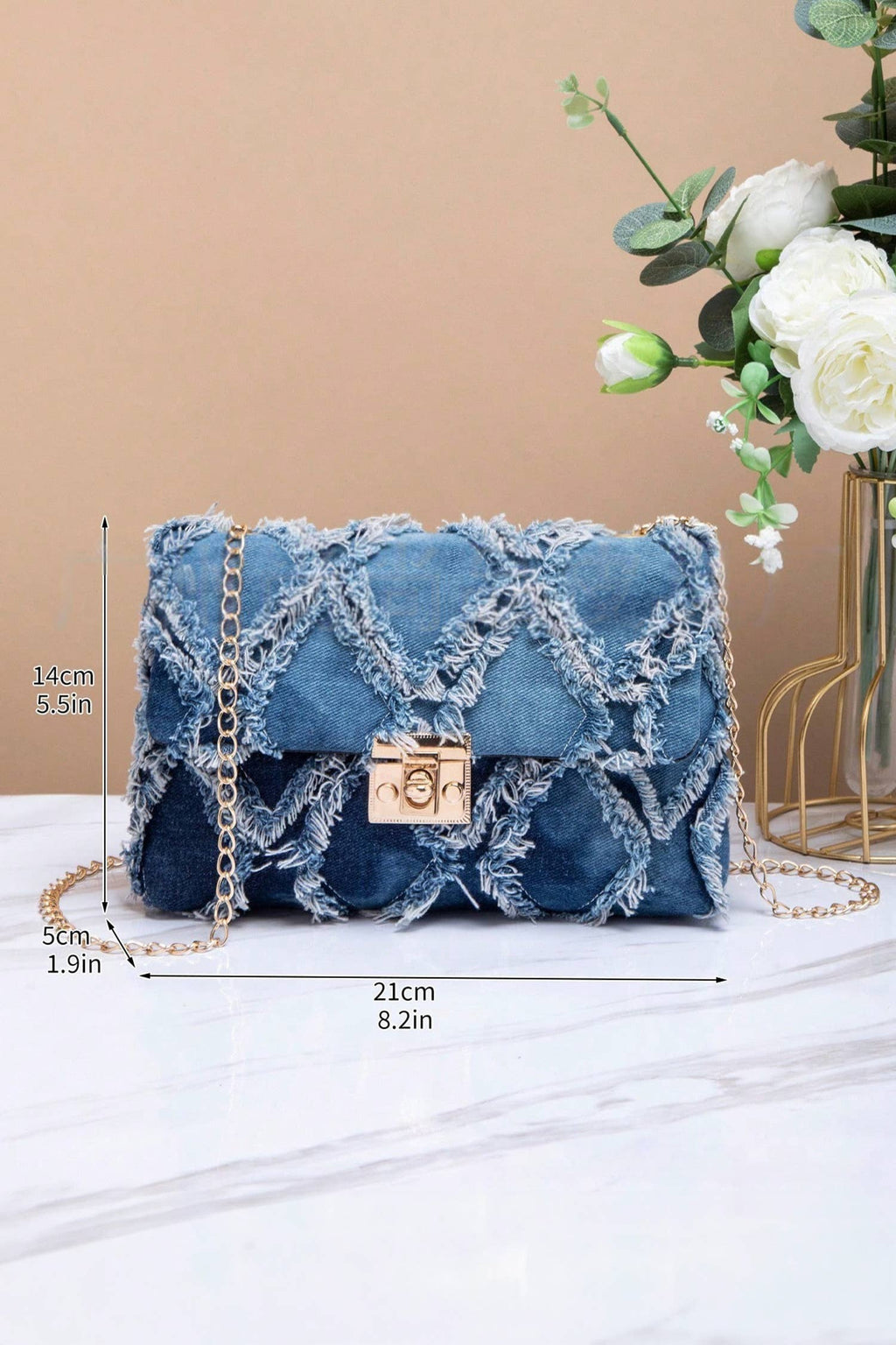 Distress Lattice Denim Chain Strap Shoulder Bag