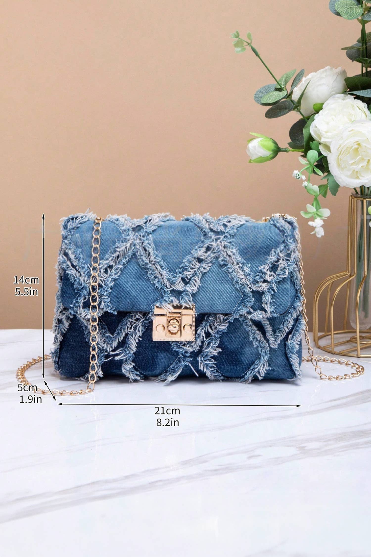 Distress Lattice Denim Chain Strap Shoulder Bag